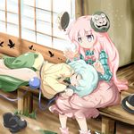  ankle_socks aqua_hair architecture blouse bubble_skirt east_asian_architecture expressionless flying_sweatdrops hands_up hat hat_removed hata_no_kokoro headwear_removed highres kikurage_(sugi222) komeiji_koishi lap_pillow long_hair long_sleeves looking_at_another monkey_mask multiple_girls noh_mask outdoors pink_eyes pink_hair plaid plaid_shirt purple_eyes shirt shoes_removed short_hair skirt sleeping sleeping_on_person sliding_doors smile third_eye touhou veranda 