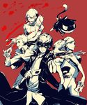  3boys absurdres amamiya_ren bad_id bad_pixiv_id black_hair cat cat_mask fox_mask highres kitagawa_yuusuke looking_at_viewer mask morgana_(persona_5) multiple_boys paint_splatter paintbrush persona persona_5 red_background ryou_(60703991) sakamoto_ryuuji short_hair sketch skull_mask smile takamaki_anne trench_coat 