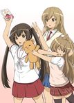  black_hair brown_eyes brown_hair chestnut_mouth diesel-turbo long_hair minami-ke minami_chiaki minami_haruka minami_kana multiple_girls necktie punching school_uniform siblings sisters stuffed_animal stuffed_toy teddy_bear thighhighs twintails 