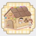  1girl :d ayu_(mog) bad_id bad_pixiv_id black_hair bow bowtie braid brown_eyes brown_hair chocolate chocolate_heart covering_mouth gingerbread_house heart heart_in_mouth juushimatsu's_girlfriend lowres matsuno_juushimatsu open_mouth osomatsu-kun osomatsu-san plaid plaid_skirt single_braid skirt sleeves_past_wrists smile 