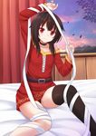  :i absurdres bandages bed_sheet black_hair black_legwear black_panties blush choker collarbone curtains highres indoors kazenokaze kono_subarashii_sekai_ni_shukufuku_wo! leaf long_legs long_sleeves looking_at_viewer md5_mismatch megumin on_bed panties red_eyes sidelocks single_thighhigh sitting sky solo thighhighs underwear window 