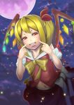  ascot blonde_hair crystal fingersmile flandre_scarlet hat hat_ribbon highres midriff mob_cap naolan navel red_eyes ribbon short_sleeves side_ponytail smile solo touhou wings 