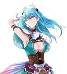  arm_up armpits atelier_(series) atelier_sophie blue_eyes blue_hair breasts capelet cleavage cleavage_cutout corset elbow_gloves gloves hair_ornament large_breasts leon_(atelier) long_hair maromi_(am97) shirt skirt sleeveless sleeveless_shirt smile solo white_gloves 