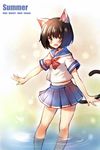  animal_ears black_hair blush brown_eyes cat_ears dianche_miao_(18826) fang highres legs midriff open_mouth original outstretched_arms school_uniform serafuku shirt short_hair skirt smile solo tail wading water 