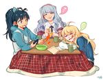  ahoge antenna_hair bangs black_hair blonde_hair book cup eating ganaha_hibiki heart highres hoshii_miki idolmaster idolmaster_(classic) kotatsu long_hair multiple_girls nose_bubble ponytail project_fairy shijou_takane silver_hair spoken_heart table tuxedo_de_cat zzz 