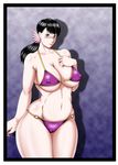  1girl black_hair blue_eyes blush breasts cattleya cleavage curvy erect_nipples glasses huge_breasts jgeorge long_hair looking_at_viewer navel ponytail queen&#039;s_blade queen's_blade solo standing thick_thighs wide_hips 