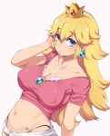  :o bare_shoulders blonde_hair blush breasts casual cleavage collarbone covered_nipples cowboy_shot crown earrings gem hair_between_eyes hand_in_hair hand_up highres jewelry large_breasts leaning_back long_hair looking_at_viewer mario_(series) midriff moisture_(chichi) navel no_bra off-shoulder_shirt parted_lips pink_shirt princess_peach ruby_(stone) sapphire_(stone) shirt short_shorts shorts sidelocks simple_background solo star stomach super_mario_bros. tsurime white_background white_shorts 