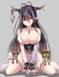  :o antenna_hair bandages black_gloves black_hair breasts cleavage danua draph fingerless_gloves gloves granblue_fantasy grey_background guatemala horns large_breasts long_hair pointy_ears red_eyes simple_background sitting solo wariza 