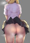  ass back backlighting blonde_hair bottomless bra breath dagashi_kashi endou_saya facing_away from_behind grey_background hair_over_shoulder head_out_of_frame long_hair looking_back nikuku_(kazedesune) no_panties see-through simple_background skirt skirt_lift solo steam steaming_body sweat underwear wet wind wind_lift 
