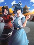  belt black_skirt blue_dress blue_eyes blue_hair blue_sky cabbie_hat day dress empty_eyes hair_ornament hair_stick hand_up hat highres jiangshi kaku_seiga lips long_skirt looking_at_viewer looking_to_the_side minami_koyogi missing_finger miyako_yoshika multiple_girls open_clothes open_mouth open_vest outdoors outstretched_arms purple_hair red_shirt shawl shiny shiny_hair shirt short_hair short_sleeves skirt sky star talisman teeth tongue touhou vest zombie_pose 