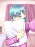  alternate_costume bed blue_eyes blurry blush carrying covering_mouth depth_of_field green_hair hair_ornament hairclip ishii_hisao kantai_collection long_hair looking_at_viewer pajamas pillow reaching_out self_shot solo suzuya_(kantai_collection) 
