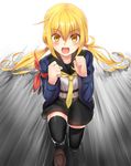  :d black_legwear black_skirt blonde_hair commentary crescent guile kantai_collection long_hair long_sleeves necktie open_mouth remodel_(kantai_collection) satsuki_(kantai_collection) school_uniform serafuku skirt smile solo tooi_aoiro twintails yellow_eyes 