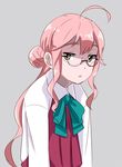  ahoge bad_id bad_pixiv_id blouse double_bun dress glasses kantai_collection long_hair long_sleeves makigumo_(kantai_collection) ojipon open_mouth pink_hair school_uniform shaded_face simple_background sleeveless sleeveless_dress slouching solo twintails white_blouse yellow_eyes 