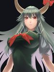  amino_(tn7135) bad_id bad_pixiv_id black_background breasts covered_nipples dress ex-keine green_dress green_hair horn_ribbon horns kamishirasawa_keine large_breasts long_hair looking_at_viewer puffy_sleeves red_eyes ribbon short_sleeves simple_background solo touhou upper_body 