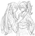  adjusting_clothes alternate_hairstyle artist_name blush dl dressing_another female_my_unit_(fire_emblem_if) fire_emblem fire_emblem_if greyscale hair_up japanese_clothes kimono luna_(fire_emblem_if) monochrome multiple_girls my_unit_(fire_emblem_if) open_mouth pointy_ears ponytail sash yuri 