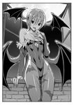  animal_print arm_support bare_shoulders bat_print bat_wings bridal_gauntlets collarbone covered_navel demon_girl fangs finger_to_mouth flat_chest full_moon greyscale hair_between_eyes head_wings highres kawakami_rokkaku leotard lilith_aensland looking_at_viewer monochrome moon open_mouth open_window pantyhose print_legwear short_hair smile solo succubus vampire_(game) window wings 