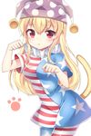  american_flag_dress american_flag_legwear bad_id bad_pixiv_id bangs blonde_hair blush breasts cat_tail clownpiece cowboy_shot frilled_shirt_collar frills hat highres jester_cap long_hair looking_at_viewer medium_breasts neck_ruff pantyhose papo paw_pose polka_dot red_eyes short_sleeves simple_background solo striped striped_legwear tail touhou underwear white_background 