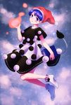  asada_ryou black_bow blue_hair blush book bow commentary_request doremy_sweet full_body hat head_tilt heart holding holding_book looking_at_viewer mismatched_legwear nightcap pom_pom_(clothes) short_hair socks solo tail tapir_tail touhou white_legwear 