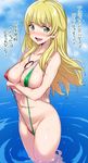  blonde_hair blush breasts carpaccio cleavage covered_nipples earrings girls_und_panzer green_eyes jewelry large_breasts long_hair looking_at_viewer navel noripachi slingshot_swimsuit smile solo swimsuit translated wet 
