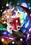  bad_id bad_pixiv_id black_legwear blonde_hair dutch_angle fangs flandre_scarlet frilled_skirt frilled_sleeves frills full_moon futatsuki_tsubaki hand_up hat hat_ribbon light_particles loafers long_sleeves looking_at_viewer mob_cap moon night open_mouth outdoors pantyhose red_eyes ribbon scarlet_devil_mansion shoes short_hair side_ponytail skirt skirt_set solo touhou wings 