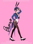  1girl blue_hair breasts bunnysuit cleavage female full_body high_heels persona persona_4 shirogane_naoto short_hair simple_background solo 