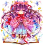  book bow bowtie colorized commentary crescent crescent_hair_ornament embroidery hair_ornament hair_ribbon hat highres long_hair marker_(medium) mina_(sio0616) mob_cap open_book pajamas patchouli_knowledge purple_eyes purple_hair ribbon solo touhou traditional_media tress_ribbon very_long_hair 
