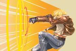  blonde_hair bomber_jacket chari_(haru_pict) denim fatal_fury fingerless_gloves gloves jacket male_focus mark_of_the_wolves muscle pants punching snk solo special_moves terry_bogard 