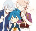  ^_^ bebe_0620 blue_eyes blue_hair closed_eyes food fruit hand_on_another's_shoulder japanese_clothes kousetsu_samonji male_focus multiple_boys persimmon pink_hair ponytail sayo_samonji smile souza_samonji touken_ranbu 