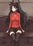  absurdres black_hair black_legwear blue_eyes breasts couch fate/stay_night fate_(series) highres long_hair medium_breasts sketch skirt solo thighhighs toosaka_rin two_side_up wenhe zettai_ryouiki 