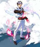  akiyama_(yamagoya) angel_wings black_hair blue_eyes earrings full_body grin highres jacket jewelry looking_at_viewer m.u.g.e.n male_focus multicolored_hair open_hand pants sachiel_(mugen) shirt silver_hair smile smoke solo t-shirt wings 