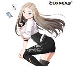  1girl artist_request ass asymmetrical_legwear bangs black_gloves black_legwear blonde_hair blue_eyes blush breasts card chains closed_mouth closers copyright_name full_body gloves greaves half_gloves harpy_(closers) large_breasts long_hair looking_at_viewer parted_bangs shirt short_shorts shorts simple_background smile solo very_long_hair white_background white_shirt 