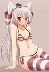  :o amatsukaze_(kantai_collection) bare_shoulders bikini blush breasts brown_eyes hair_tubes highres kantai_collection long_hair looking_at_viewer navel open_mouth silver_hair simple_background sitting small_breasts solo striped striped_bikini striped_legwear swimsuit thighs two_side_up windsock yamaori 