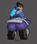  artist_name ass beads boots breasts brown_eyes brown_hair full_body glasses grey_background hair_bun hair_ornament hair_stick large_breasts looking_at_viewer looking_back mei_(overwatch) overwatch pantylines parted_lips simple_background snow_boots solo squatting triuni 