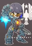  armor blush_stickers character_name chibi commentary_request gipsy_danger highres multicolored_hair navel pacific_rim personification short_hair streaked_hair susagane sword visor weapon 
