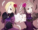  blonde_hair dress drill_hair flower hair_flower hair_ornament idolmaster idolmaster_cinderella_girls kanzaki_ranko long_hair looking_at_viewer multiple_girls open_mouth red_eyes rosenburg_alptraum rosenburg_engel shirasaka_koume short_hair silver_hair sleeves_past_fingers sleeves_past_wrists twin_drills twintails wings yoma 