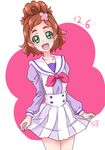  :d brown_hair chocokin cowboy_shot dated eyebrows go!_princess_precure green_eyes haruno_haruka looking_at_viewer noble_academy_school_uniform open_mouth precure school_uniform serafuku short_hair signature skirt smile solo standing thick_eyebrows white_skirt 