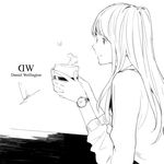  artist_name commentary_request greyscale highres long_hair long_sleeves loundraw monochrome original profile sidelocks signature sitting sketch smile solo steam table watch wristwatch 