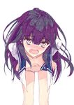  1girl blush breasts haruchika homura_chika long_hair no_bra open_mouth panties purple_eyes purple_hair school_uniform tears undressing 