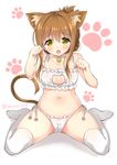  animal_ears bell bell_choker blush brown_hair cat_cutout cat_ears cat_lingerie cat_tail choker cleavage_cutout highres inazuma_(kantai_collection) jingle_bell kantai_collection kemonomimi_mode looking_at_viewer meme_attire navel no_shoes panties paw_pose side-tie_panties sitting solo tail takoyaki_(takoyaki-batake) thighhighs twitter_username underwear wariza white_background white_legwear white_panties yellow_eyes 