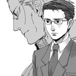  artist_request cravat formal glasses greyscale gyakuten_saiban gyakuten_saiban_1 karuma_gou lowres male_focus mitsurugi_shin monochrome multiple_boys profile serious spoilers suit 