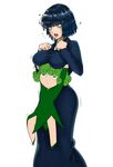  blue_hair breasts contrast fubuki_(one-punch_man) green_eyes green_hair large_breasts multiple_girls one-punch_man one_(style) open_mouth short_hair siblings simple_background sisters tatsumaki the_golden_smurf thighs white_background 