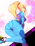  ass bad_id bad_tumblr_id blonde_hair blue_bodysuit blue_eyes bodysuit breasts english from_behind hair_tie highres large_breasts leaning_forward long_hair looking_at_viewer looking_back metroid open_mouth ponytail samus_aran shiny shiny_clothes skin_tight solo standing standing_on_one_leg sticky_(stickysheep) super_smash_bros. zero_suit 