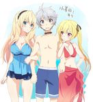  2girls arm_hug bikini blonde_hair blush breasts celistia_ralgris choker cleavage double_arm_hug girl_sandwich grey_eyes grey_hair hairband large_breasts lisesharte_atismata long_hair lux_arcadia male_swimwear multiple_girls navel one-piece_swimsuit pout saijaku_muhai_no_bahamut sandwiched sarong side_ponytail small_breasts swim_trunks swimsuit swimwear tokira_nozumi 