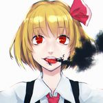  blonde_hair darkness face hair_ribbon huyukai_higeta long_sleeves looking_at_viewer open_mouth outstretched_arms portrait red_eyes ribbon rumia shirt short_hair simple_background smile solo tongue tongue_out touhou vest white_background 