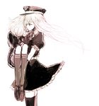  carrying crossdressing dress gokotai hat long_hair male_focus midare_toushirou military military_uniform monochrome multiple_boys negative_space princess_carry puffy_short_sleeves puffy_sleeves short_hair short_sleeves thighhighs touken_ranbu uesakomika uniform zettai_ryouiki 