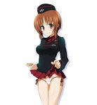  alternate_costume blush brown_eyes brown_hair garrison_cap girls_und_panzer hat kuromorimine_military_uniform military military_uniform nishizumi_miho ouhashi panties school_uniform side-tie_panties skirt skirt_lift smile solo underwear uniform 