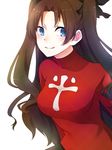  blue_eyes breasts brown_hair fate/stay_night fate_(series) long_hair medium_breasts shirayuki_touya smile solo sweater toosaka_rin two_side_up white_background 