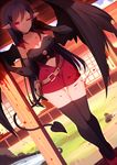  black_hair black_legwear black_wings collarbone demon_girl demon_tail demon_wings heart heart_tail long_hair looking_at_viewer original outdoors pillar pointy_ears red_eyes rizky_(strated) solo tail thigh_gap thighhighs very_long_hair wings zettai_ryouiki 