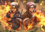  2boys clone fingerless_gloves fire gloves kagehi_no_loo king_of_fighters kusanagi_kyou multiple_boys pixiv_manga_sample smile 