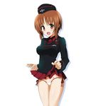  alternate_costume blush brown_eyes brown_hair garrison_cap girls_und_panzer hat kuromorimine_military_uniform military military_uniform nishizumi_miho open_mouth ouhashi panties school_uniform side-tie_panties skirt skirt_lift smile solo underwear uniform 